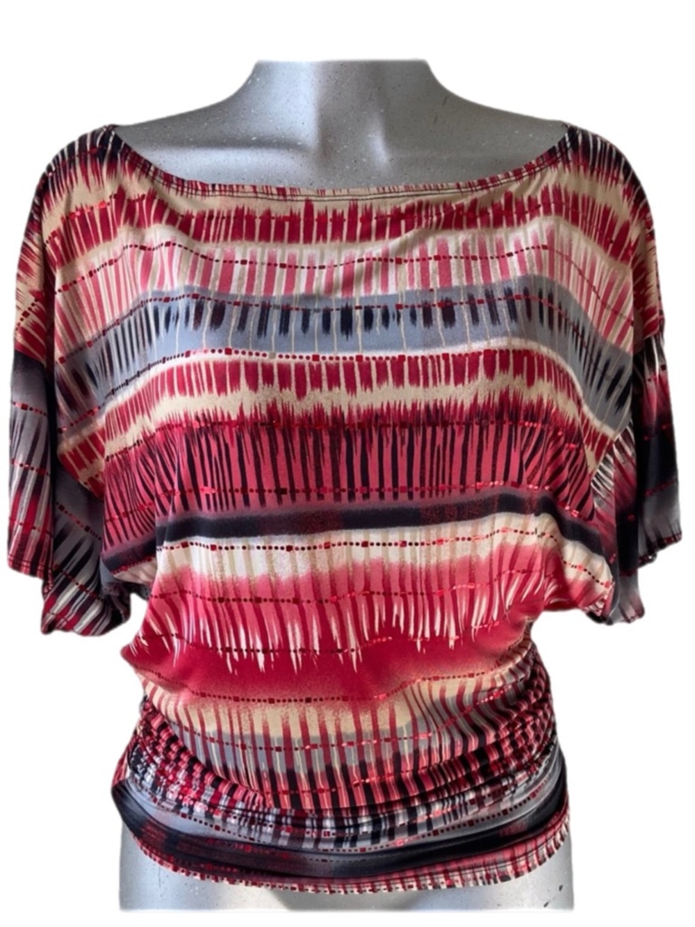 Y2K Blouson Top Blouse Sz Medium Shibori Contrast Stripes Batwing Tumblr Grunge